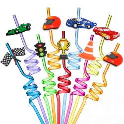 24 Pieces Race Car Drinking Straws Reusable Plastic Curly Straws Race Car Wheels Birthday Party Favors for Kids Boys Racing Car Party Supplies for Birthday Baby Shower 8 Styles, 8 Colors