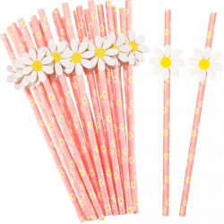 Lauwell 100 Pcs Daisy Paper Straws Party Decorations Disposable Two Groovy Flower Floral Pink for Kids Girls Birthday Supplies Little Cutie Baby Shower Wedding Decor